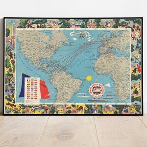 Carte des lignes General Transatlantic Company Print, Carte illustrée, Carte picturale, Impression d’affiche, Affiche de carte