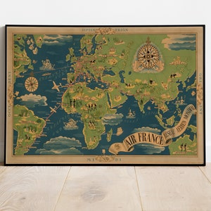 Air France, Reseau Aerien Mondial Print, Mapa Histórico, Mapa Vintage, Mapa Antigo, Impressão de Pôster, Pôster de Mapa