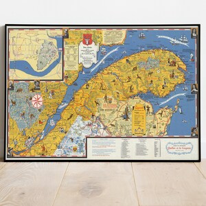 Impression du guide des vacances du Québec et de la Gaspésie, carte illustrée, carte picturale, impression d’affiche, affiche de carte