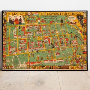 Universiteit van Chicago oude kaart print, geïllustreerde kaart, picturale kaart, poster print, kaart poster