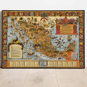 Mapa de los Estados Unidos Mexicanos Impresión, Mapa Ilustrado, Mapa Pictórico, Impresión de Póster, Póster de Mapa