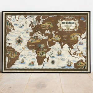 Air France, Reseau Aerien Mondial Print, Mapa Ilustrado, Mapa do Velho Mundo, Mapa Histórico da Inglaterra, Mapa Pictórico, Impressão de Pôster, Mapa Pôster