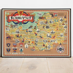 Illustrierte Somerset Karte Print, illustrierte Karte, alte Weltkarte, historische England Karte, bildliche Karte, Posterdruck, Landkarte Poster