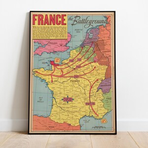 Frankreich das Schlachtfeld Zweiter Weltkrieg Druck, Illustrierte Karte, Bildliche Karte, Poster Druck, Karte Poster