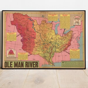 Ole Man River, (Mississippi River) print, geïllustreerde kaart, oude wereldkaart, picturale kaart, poster print, kaart poster