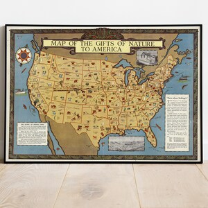 Mapa de los regalos de la naturaleza a América Impresión, Mapa histórico, Mapa vintage, Mapa antiguo, Impresión de póster, Póster de mapa
