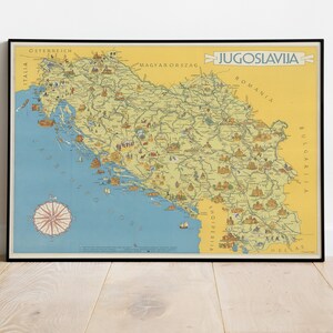 Geïllustreerde kaart van Joegoslavië print, geïllustreerde kaart, picturale kaart, poster print, kaart poster