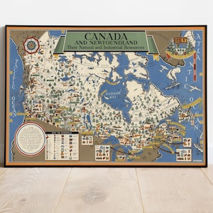 Impression de carte des ressources industrielles du Canada et de Terre-Neuve, carte illustrée, carte illustrée, impression d'affiche, affiche de carte