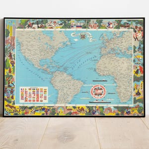 Impression de carte transatlantique, carte illustrée, carte illustrée, impression d'affiche, affiche de carte