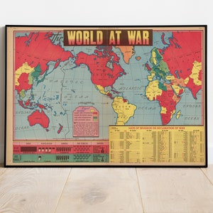 Wereld in oorlog. 25 januari 1942 kaart afdrukken, geïllustreerde kaart, oude wereldkaart, picturale kaart, poster afdrukken, kaart poster