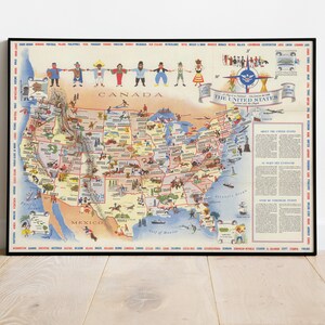 Les États-Unis, La terre et les gens Carte Imprimer, Carte illustrée, Carte du vieux monde, Carte picturale, Impression d’affiche, Affiche de carte