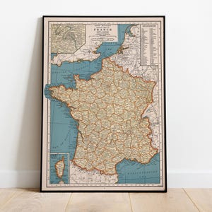 Beliebte Karte von Frankreich, Kartendruck, illustrierte Karte, alte Weltkarte, bildliche Karte, Posterdruck, Kartenposter