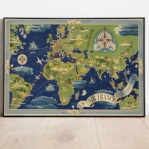 Air France, Mapa Impresso da Rede Aérea Mundial, Mapa Histórico, Mapa Vintage, Mapa Antigo, Impressão de Pôster, Pôster de Mapa