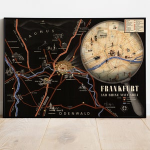 Impresión del área principal de Frankfurt y Rin, mapa ilustrado, mapa pictórico, impresión de carteles, cartel de mapa