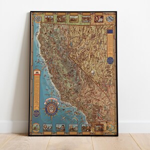 California and Nevada  Pano-view Map Print, Historicial Map, Vintage Map, Old Map, Poster Print, Map Poster