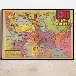 Olie, het doelwit van de as. 26 juli 1942 kaart afdrukken, geïllustreerde kaart, oude wereldkaart, picturale kaart, poster afdrukken, kaart poster