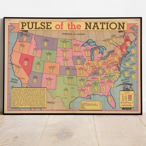 Pulse of the Nation Map Print, Geïllustreerde kaart, Oude Wereldkaart, Picturale kaart, Poster Print, Kaartposter