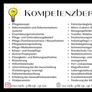 May include: A black and white graphic with the title "Kompetenzbereich I" and a list of nursing-related topics. A lightbulb graphic is in the upper left corner. The image includes social media handles and a website address.