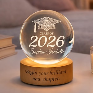 Personalized Graduation Class of 2026 Crystal Ball Night Light Gift For Seniors Daughter, Graduation Cap Design, New Chapter Led Light