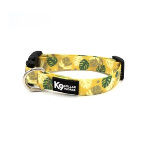 May include: Yellow dog collar with a green and white tropical leaf pattern. The collar has a black buckle and a silver D-ring. The text "K9 COLLAR WORKS" is printed on the collar.