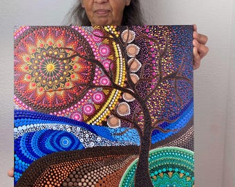 手描きのドットマンダラアート、ドットペインティング、点描画アート