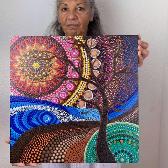 手描きドット曼荼羅風景画：カラフルな点描、ボヘミアン風禅風