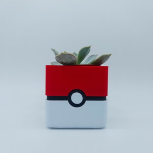 Puede incluir: Un macetero rojo y blanco con forma de Poké Ball con una pequeña planta suculenta creciendo dentro.