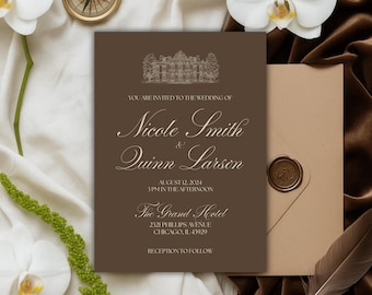 May include: A wedding invitation with a brown background and elegant script. The invitation includes the names Nicole Smith & Quinn Larson, the date August 12, 2024, and the location, The Grand Hotel in Chicago. A compass and orchids are in the background.