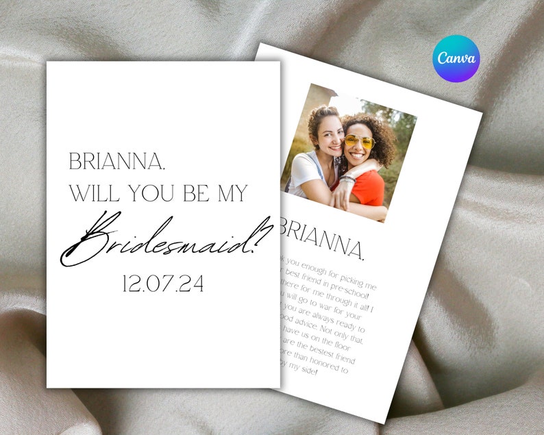 DIY Bridesmaid Proposal Card Template | Editable Canva Design | 5x7 & Letter Size | Instant Download Printable Customizable Black White Gift image 1