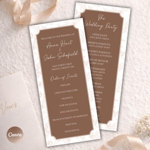 Può includere: Due biglietti del programma di nozze con un design floreale marrone e bianco. Le carte includono i nomi della coppia, la data del matrimonio e l'ordine degli eventi. È visibile anche il testo "The Wedding Party".