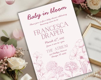 Baby in Bloom Baby Shower Invitation Template Editable Floral Invite DIY Pink Botanical Printable