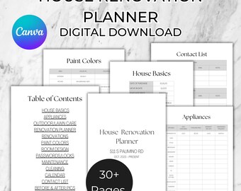 Op de afbeelding: Een printbare woningrenovatieplanner met een inhoudsopgave, een kleurenkaart voor verf, een contactenlijst, een lijst met apparaten en pagina's met basisinformatie over het huis. De planner is ontworpen voor een woning op 511 S Palimino Rd en dekt de periode van oktober 2023 tot heden. De planner bevat meer dan 30 pagina's.