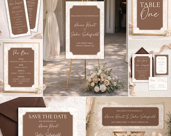 Paquete de plantillas para bodas, invitaciones y carteles editables, tarjetas de "Reserva la fecha", números de mesa, letreros de bienvenida, descarga instantánea.