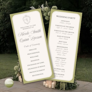 May include: Two wedding ceremony programs with a light green border and rounded corners. The programs list the order of ceremony and wedding party details. The text includes the names Nicole Smith and Quinn Larson.