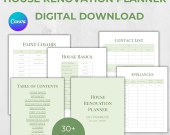 Puede incluir: Un planificador de renovación de vivienda digital imprimible con un esquema de color verde y blanco. El planificador incluye secciones para colores de pintura, aspectos básicos de la vivienda, electrodomésticos, lista de contactos y una tabla de contenido. El planificador tiene más de 30 páginas e incluye el texto "House Renovation Planner" y "511 S Palomino Rd".