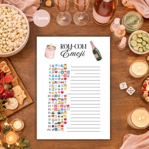 Puede incluir: Un papel blanco con el texto "ROM-COM Emoji" y una lista de emojis. La imagen incluye una vela, una botella de champán, palomitas de maíz y otros artículos de fiesta. El logotipo de Canva está en la esquina superior izquierda.