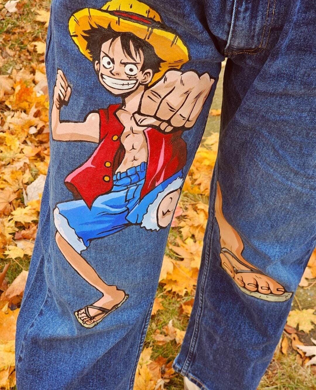 One Piece Luffy Hand Painted Denim Jeans - Etsy