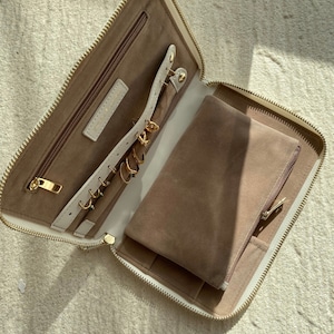 Coffret à bijoux boîte femme rangement voyage Beige blanc or cadeau étanche