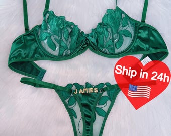 Custom name Thong Flower Mesh Embroidery Gathered Lingerie Set, Custom Thong With Letter,Removable Gold Charms Name