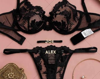 Custom Name Flower Mesh Embroidery Gathered Lingerie Set: Hand-sewn Name,Detachable Name Charm