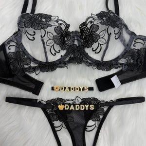 Conjunto de lingerie bordado com nome personalizado, tanga com flor, tanga personalizada com letra, pingente de nome destacável