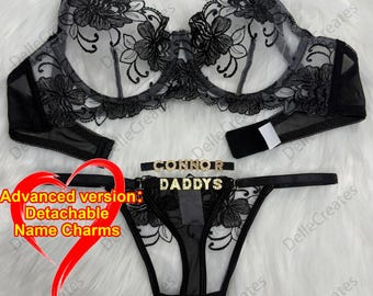Custom name Thong Flower Mesh Embroidery Gathered Lingerie Set, Custom Thong With Letter,Detachable Name Charm