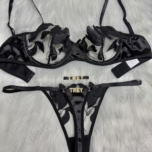 Conjunto de lencería con bordado de malla y tanga con nombre personalizado, tanga personalizada con letras, dijes dorados extraíbles con nombre