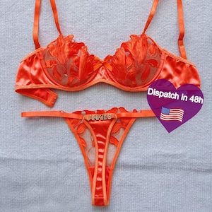 Custom name Thong Flower Mesh Embroidery Gathered Lingerie Set, Custom Thong With Letter,Removable Gold Charms Name