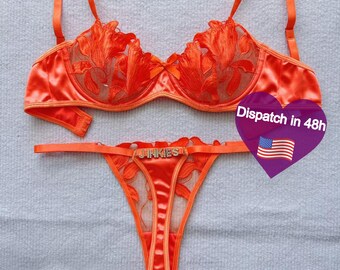 Custom name Thong Flower Mesh Embroidery Gathered Lingerie Set, Custom Thong With Letter,Removable Gold Charms Name