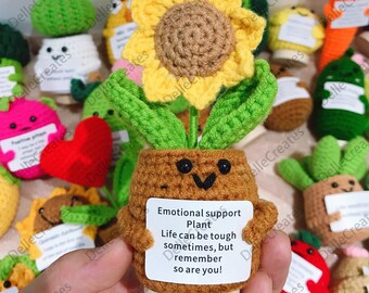 Plante de soutien émotionnel faite main, tournesol en pot au crochet fait main, décoration florale au crochet, cadeaux d'encouragement, cadeaux de réconfort