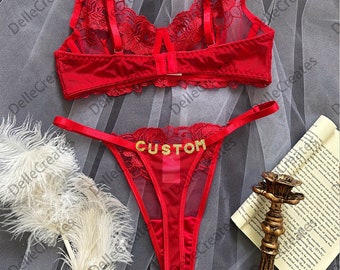 Custom name Thong Flower Mesh Embroidery Gathered Lingerie Set, Custom Thong With Letter