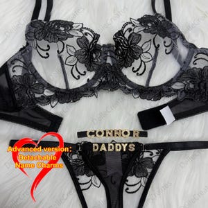 Conjunto de lencería con bordado de malla y tanga con nombre personalizado, tanga personalizada con letras, dijes de nombre desmontables