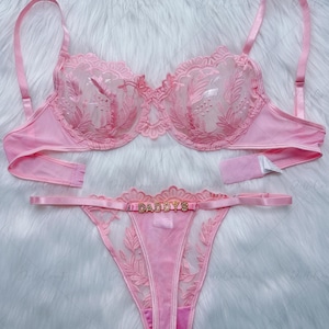 Personalized Lingerie Set,Custom Name Thong Flower Mesh Embroidery Gathered Lingerie Set,Custom Thong With Letter,Personalized Name Thong