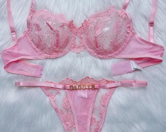 Personalized Lingerie Set,Custom Name Thong Flower Mesh Embroidery Gathered Lingerie Set,Custom Thong With Letter,Personalized Name Thong